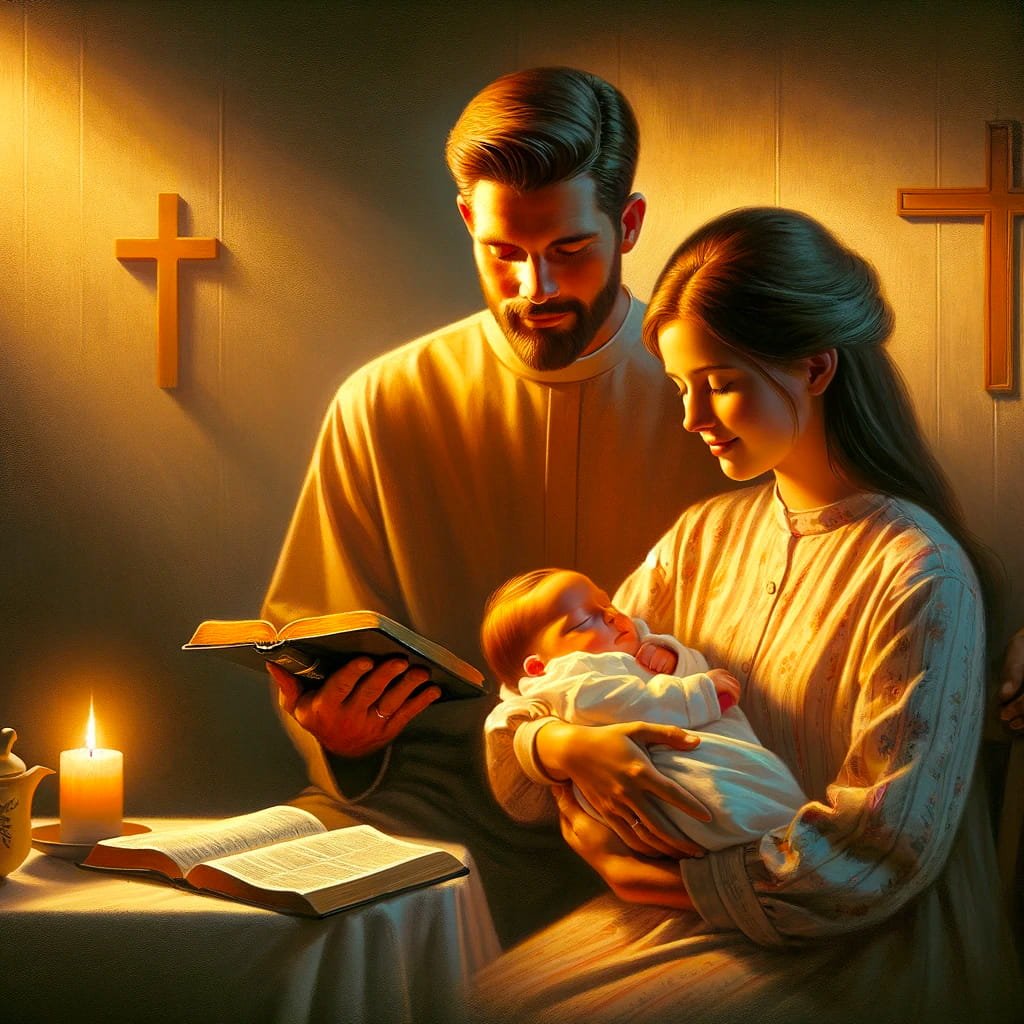 a Christian family, including a father, mother, and their newborn baby