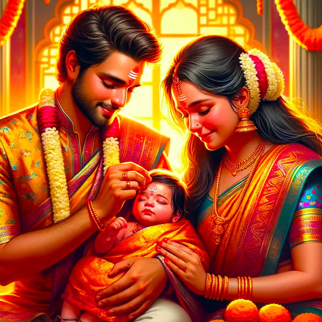 a Hindu family, consisting of a father, a mother, and a baby, in a vibrant and loving setting