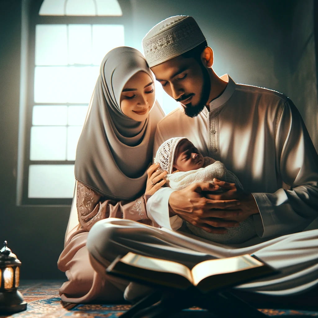 a Muslim family, with a father, mother, and their newborn baby