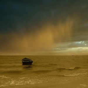 sea boat in the rain