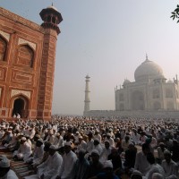 Muslims offer prayers during Eid al-Adha at the historic Taj Mahal in the northern Indian city of Agra