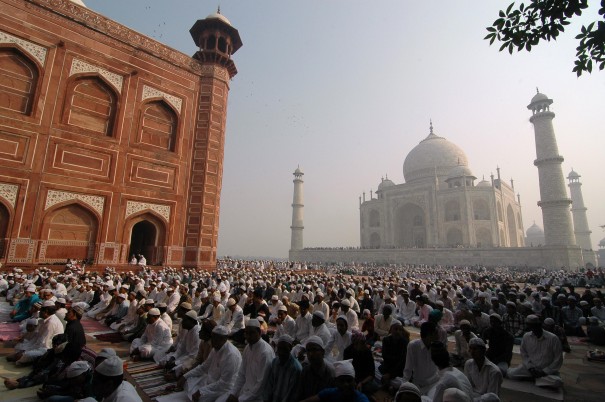 Muslims offer prayers during Eid al-Adha at the historic Taj Mahal in the northern Indian city of Agra