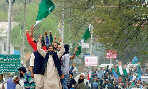 سری نگر میں مظاہرے کے دوران کشمیریوں نے سبز ہلالی پرچم لہرا دیا